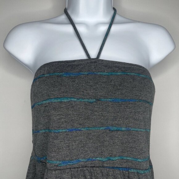 Hurley Halter Dress Sundress Size M Mini Gray Blue Striped Knit Smocked Mesh - Picture 2 of 8